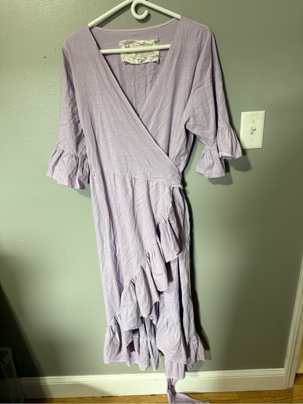 Farmhouse Frocks Lilac Lavender Ruffle High-Low Midi Wrap Dress L